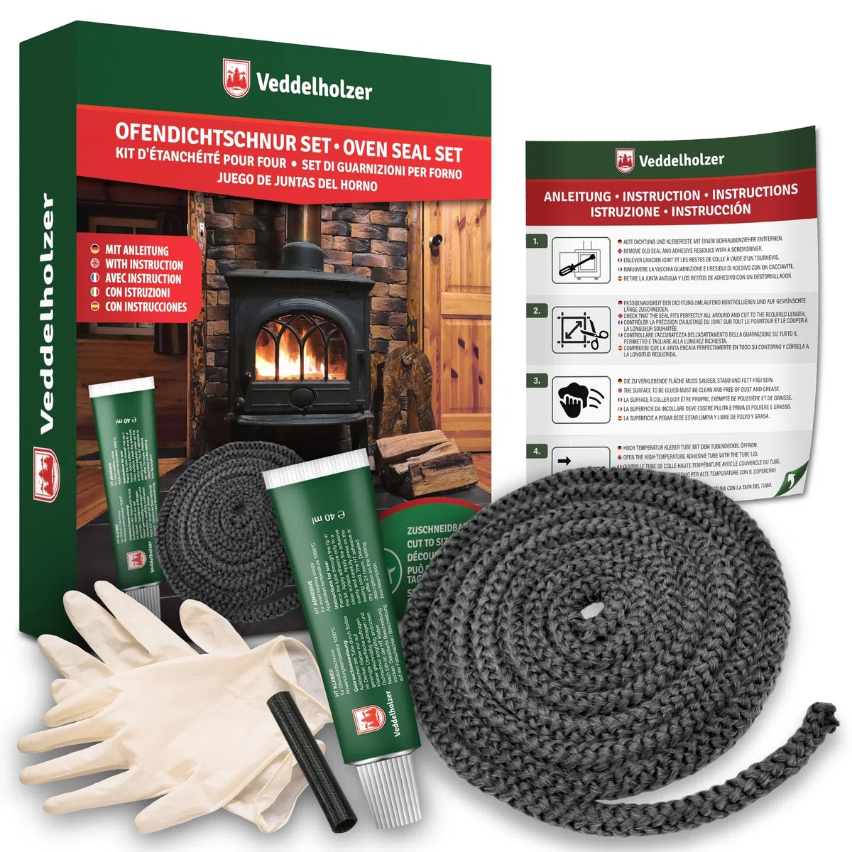 Set completo Veddelholzer Ø 8 mm nastro sigillante per stufe, guarnizione per forni, cavo sigillante, accessori per caminetti Incl. adesivo per alte temperature, guanti, manicotti e istruzioni