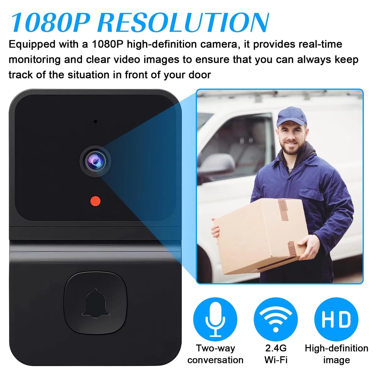 Videocitofono campanello con telecamera senza cavo, Wi-Fi video campanello con fotocamera, 2.4GWifi video campanello per porta vista notturna/2 vie audio/supporta SD e memoria cloud con campana