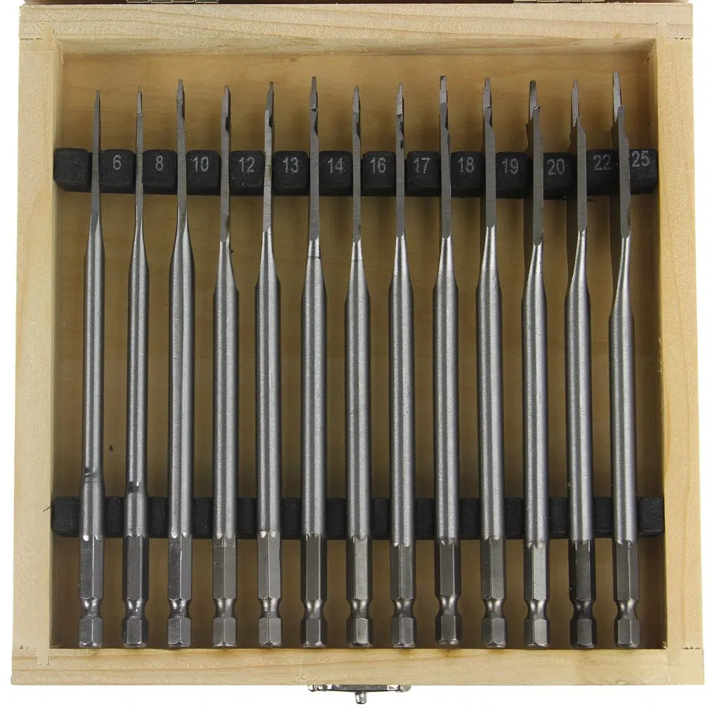 Set di Punte Piatte Mecchie per Legno | 13 Pezzi | Ø6-25 mm | Attacco Esagonale | per Trapano | con Valigetta