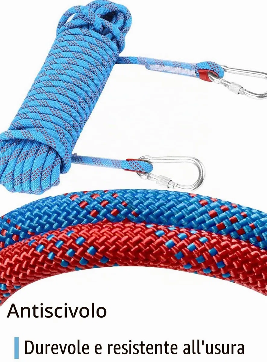 10M Corda da Arrampicata Fune di Sicurezza, 10mm Corda per Arrampicata su Roccia, Corda per Arrampicata All'Aperto con 2 Moschettone per Alpinismo, Campeggio Sportivo All'aperto, Fuga, Rosso