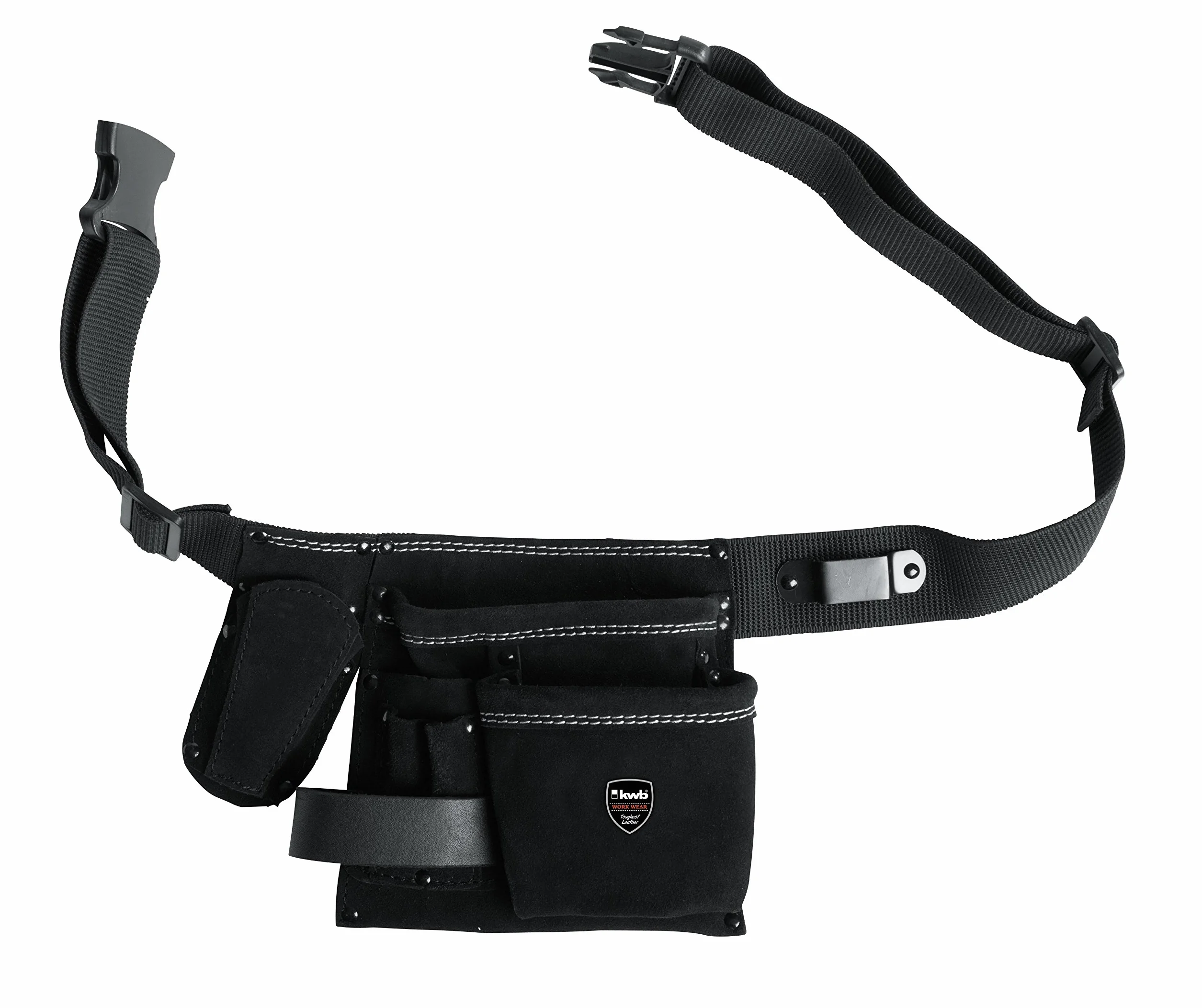 kwb Borsa portautensili in pelle con cintura, versatile borsa per attrezzi per artigiani, professionisti e fai da te, robusta pelle bovina, 5 scomparti, porta martello, tasca per coltelli e supporto