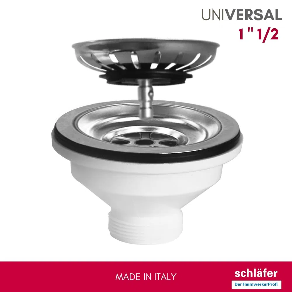 Schläfer 439726 | Piletta di Scarico per Lavello Tipo Basket Senza Troppo Pieno, Foro Ø 90mm, Pilettone Ø 114mm, Piletta Standard da 1"1/2 in Acciaio Inox con Vite e Cestello