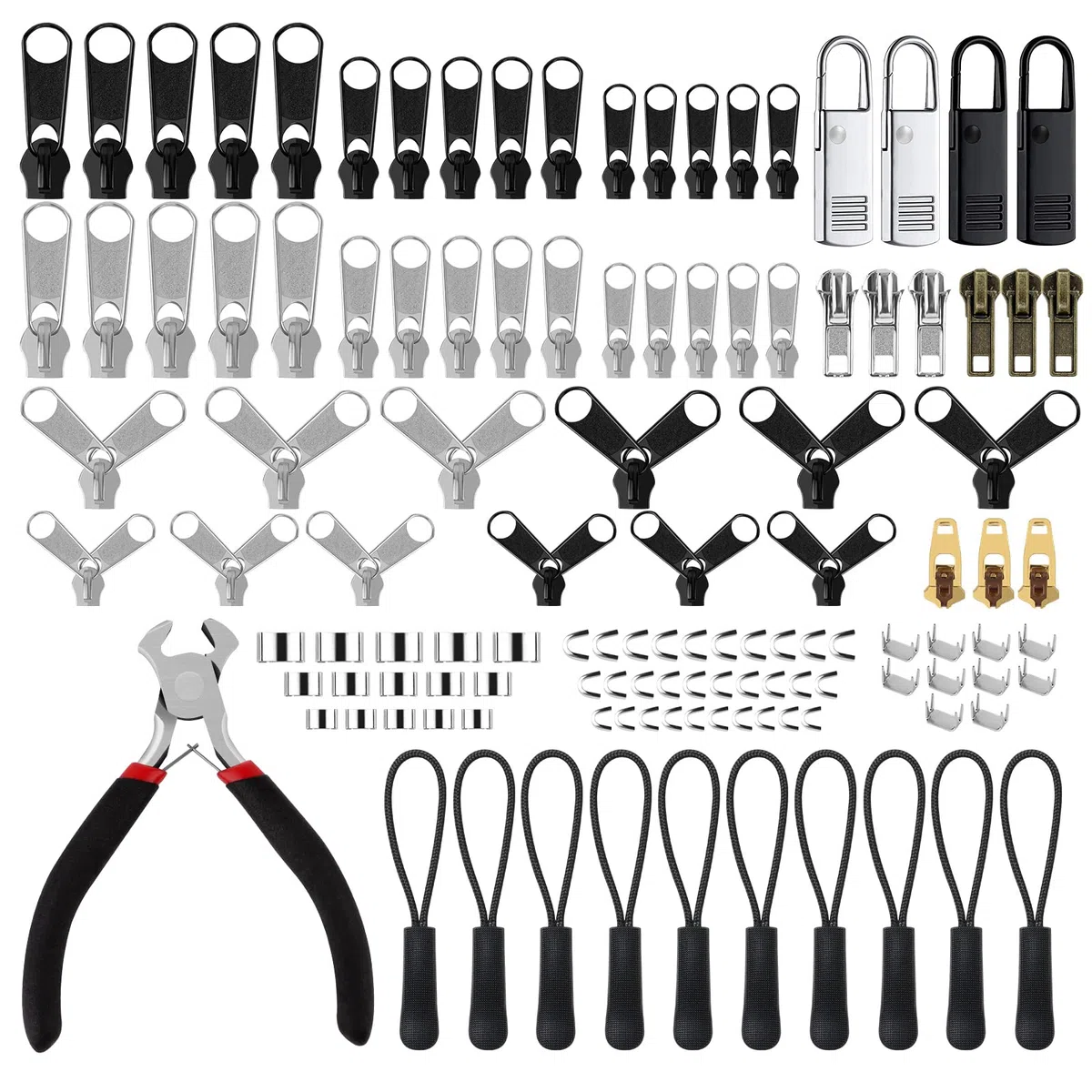 MXTIMWAN 121 Pezzi Riparazione Cerniera Lampo, Kit di Riparazione Cerniera di Ricambio, Sostituzione Cerniera Kit con Installare Pinze, Riparazione Cerniera per Giacche, Borse, Tenda