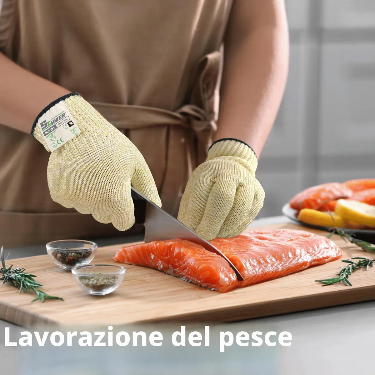 Schwer Guanti antitaglio LEVEL A9/F, massima protezione contro il taglio secondo i più elevati standard statunitensi ed europei, senza PFAS, per tagliare la carne, sgusciare le ostriche (beige,M)