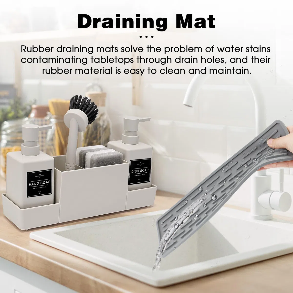 CAUTIOUS Organizer per lavello da cucina da 350 ml, con spazzola, dispenser per sapone da cucina, set in plastica, organizer per piatti con due dispenser di sapone, organizer da cucina (bianco)