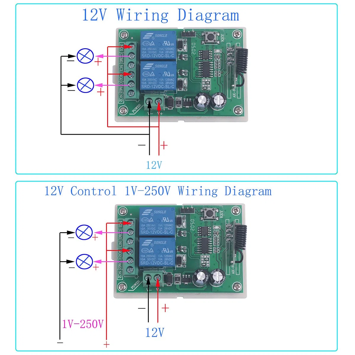 Interruttore wireless 433 MHz Interruttore di controllo remoto wireless DC 12 V 2 CH, modulo interruttore ricevitore relè a 2 canali DC12 V, relè a leva (12 V-2 telecomando)