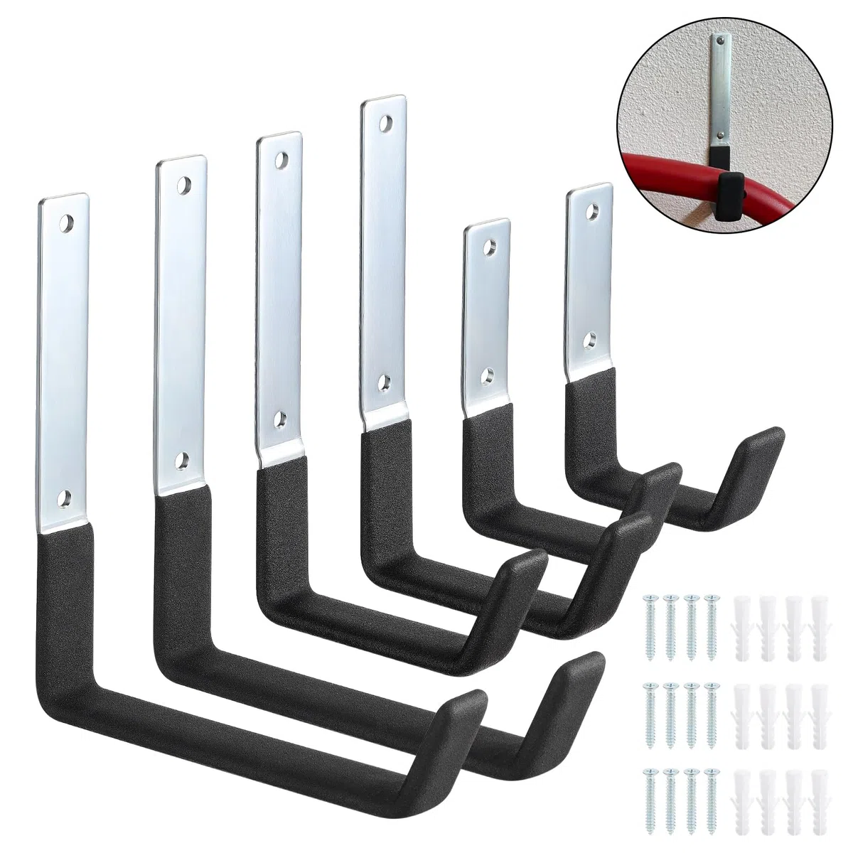 4 Pezzi Ganci Garage, Ganci da Parete Garage con Rivestimento Antiscivolo, Ganci in Acciaio per Garage per Appendere Utensili Elettrici, Biciclette, Scala, Articoli Sfusi (6 Pezzi)
