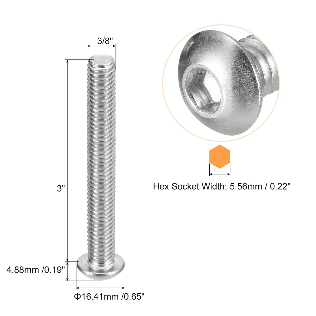 QUARKZMAN 3/8-16x3" Bottone Testa Viti Presa Cappuccio, 5pz 304 Acciaio Inox Fissaggio Bullone Esagonale Viti, Completo Filetto Viti Guida Esagonale