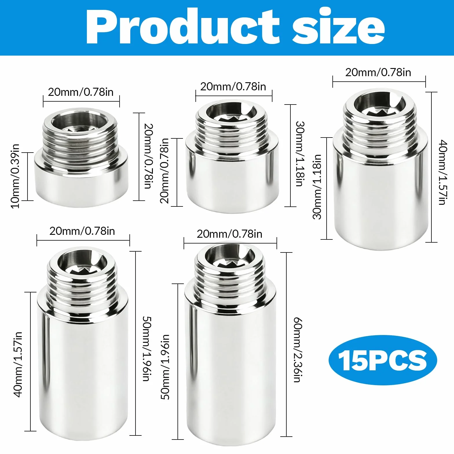 15 prolunghe per rubinetto da 1/2 pollici, in acciaio inox, prolunga per doccia 10/20/30/40/50 mm (IG Ø 19,5 mm x AG Ø 20,3 mm), tubo di prolunga in acciaio inox per doccia