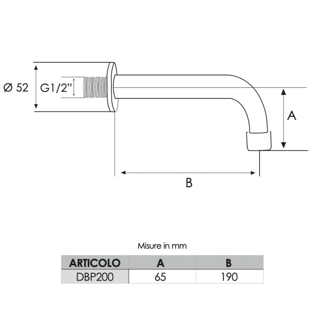 Bocca erogazione lavabo a parete L cromata 200 mm 1/2” M | Tecom