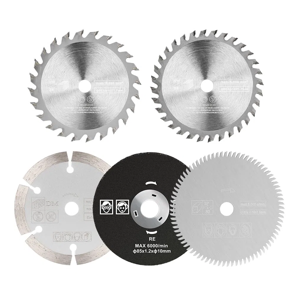 Set di 5 lame per sega circolare da 85 mm, mini accessori per seghe circolari HSS/TCT, lama da taglio diamantata, lame circolari per legno/metallo/plastica, diametro interno 15 mm