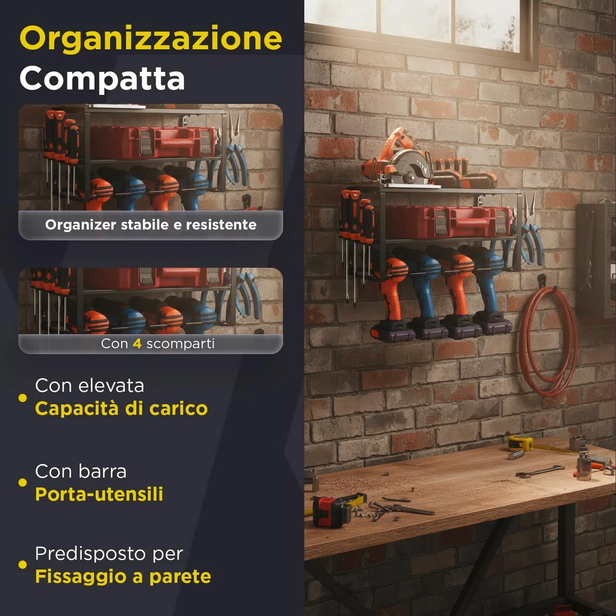 Avilia Porta Attrezzi da Parete in Acciaio - Pannello Portautensili con 4 Scomparti e Ripiani a Griglia - Organizer Salvaspazio per Trapani, Cacciaviti e Minuteria - per Garage e Officina