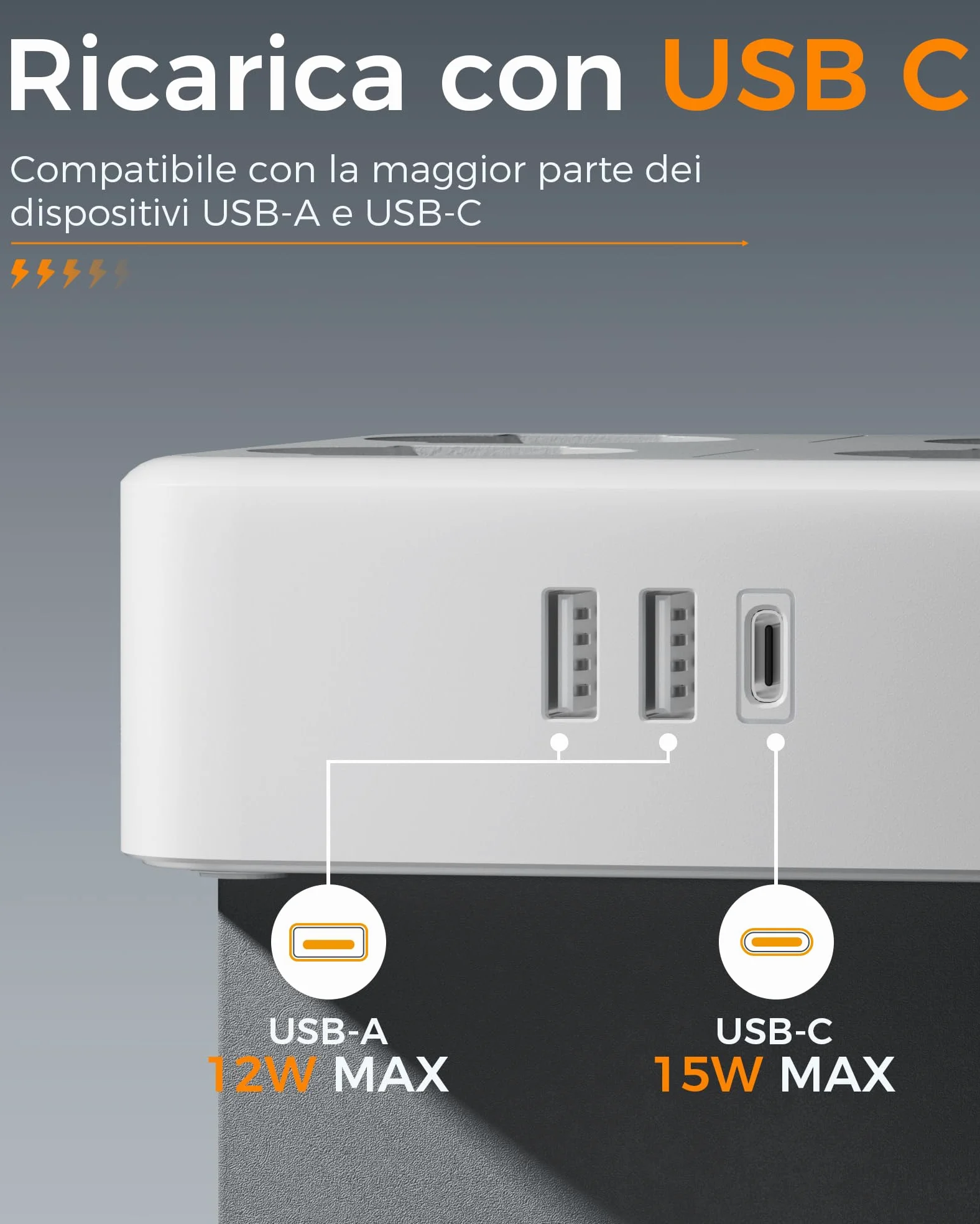 TESSAN Ciabatta Multipresa con USB C, Multipresa Elettrica con 8 Presa IT, Ciabatta Elettriche con Prolunga Elettrica 2 Metri, 3680W Presa Multipla con Interruttore, Grigio