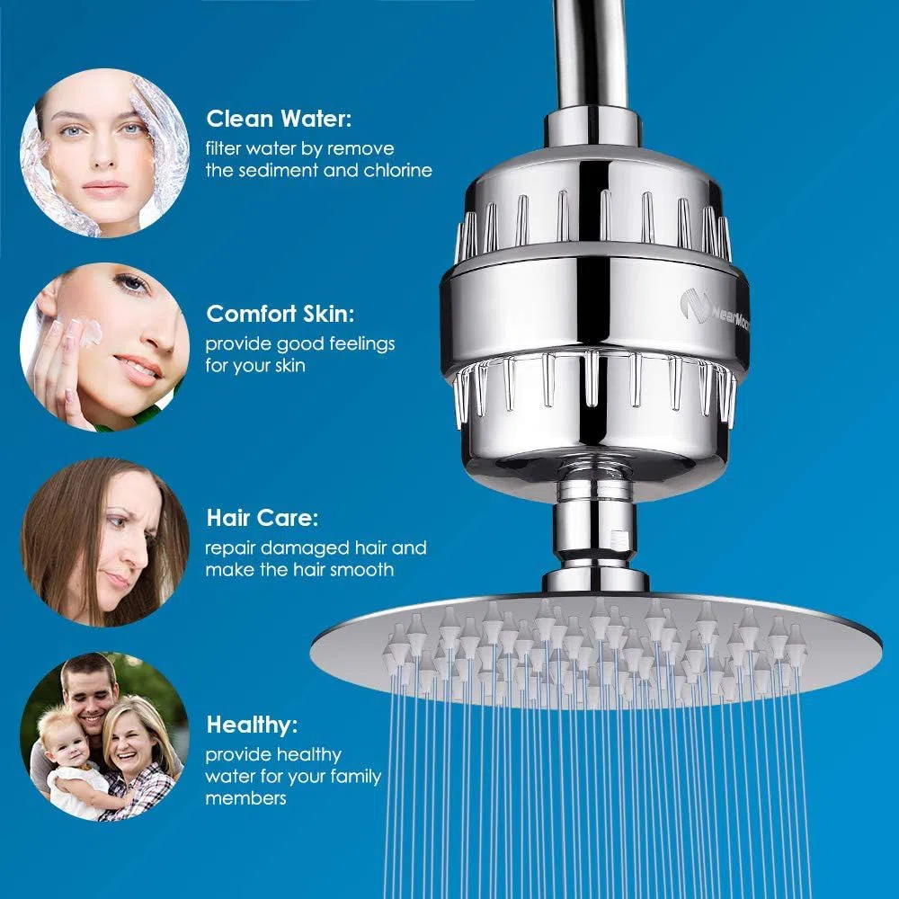 NearMoon Soffione doccia e 15 stadi combinazione di filtri doccia, addolcitore ad alta pressione filtrato per acqua dura, rimuove fluoro di cloro e sostanze nocive, 1 cartuccia filtro sostituibile