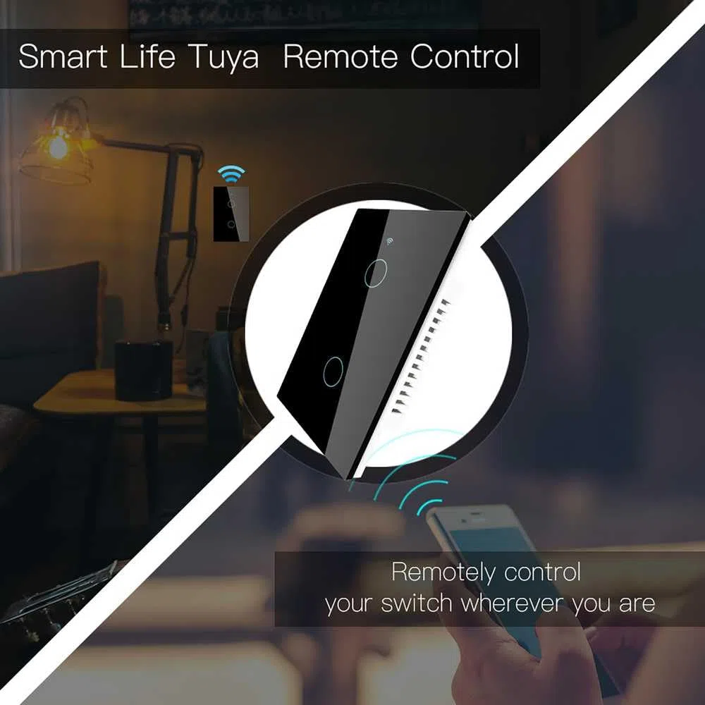 Interruttore Touch da Parete WiFi 2.4G + BLE + RF 433MHz, Vetro Temperato Nero, 2 Tasti, 120X72X38mm Per Scatola 503 Italiano, App TUYA Smart Life
