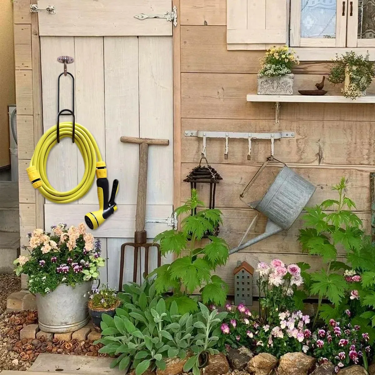 Supporto per Tubo da Giardino, Gancio Portatubo Nero, Supporto per Tubo da Giardinos in Metallo per Giardino, Cortile, Garage