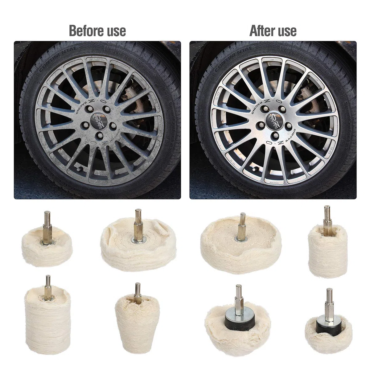 Hyber&Cara 8 Dischi per lucidatura, Tamponi per Lucidare, da fissare su trapano avvitatore a batteria, per cerchioni dell’auto, collettore, alluminio, acciaio inox, cromo, gioielli