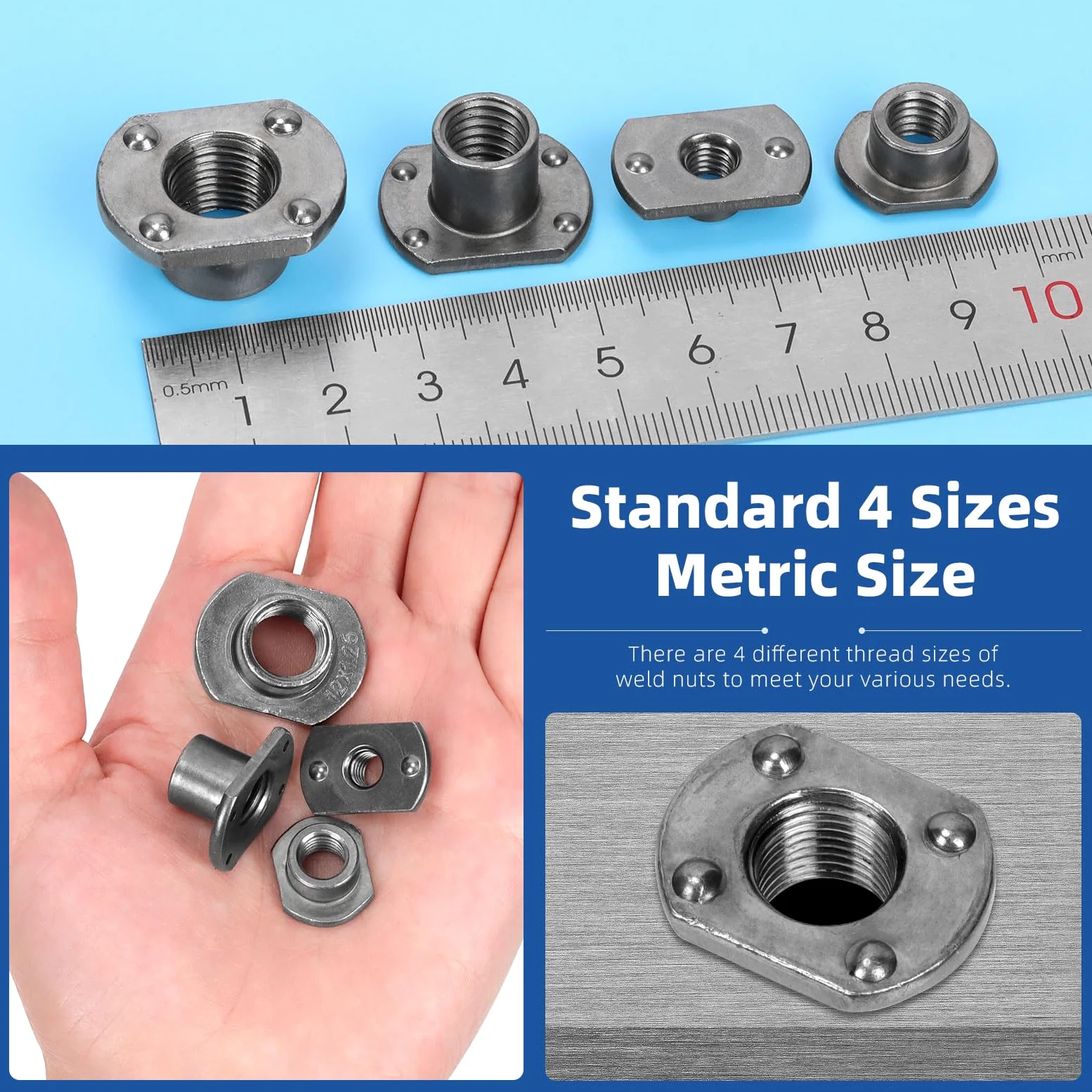 Glarks Set di 32 dadi per saldatura, M6, M8, M10, M12, base a linguetta, UNC, in acciaio al carbonio, viti a T, 2 proiezioni, 4 proiezioni, per mobili, veicoli, macchine per l'industria delle ruote
