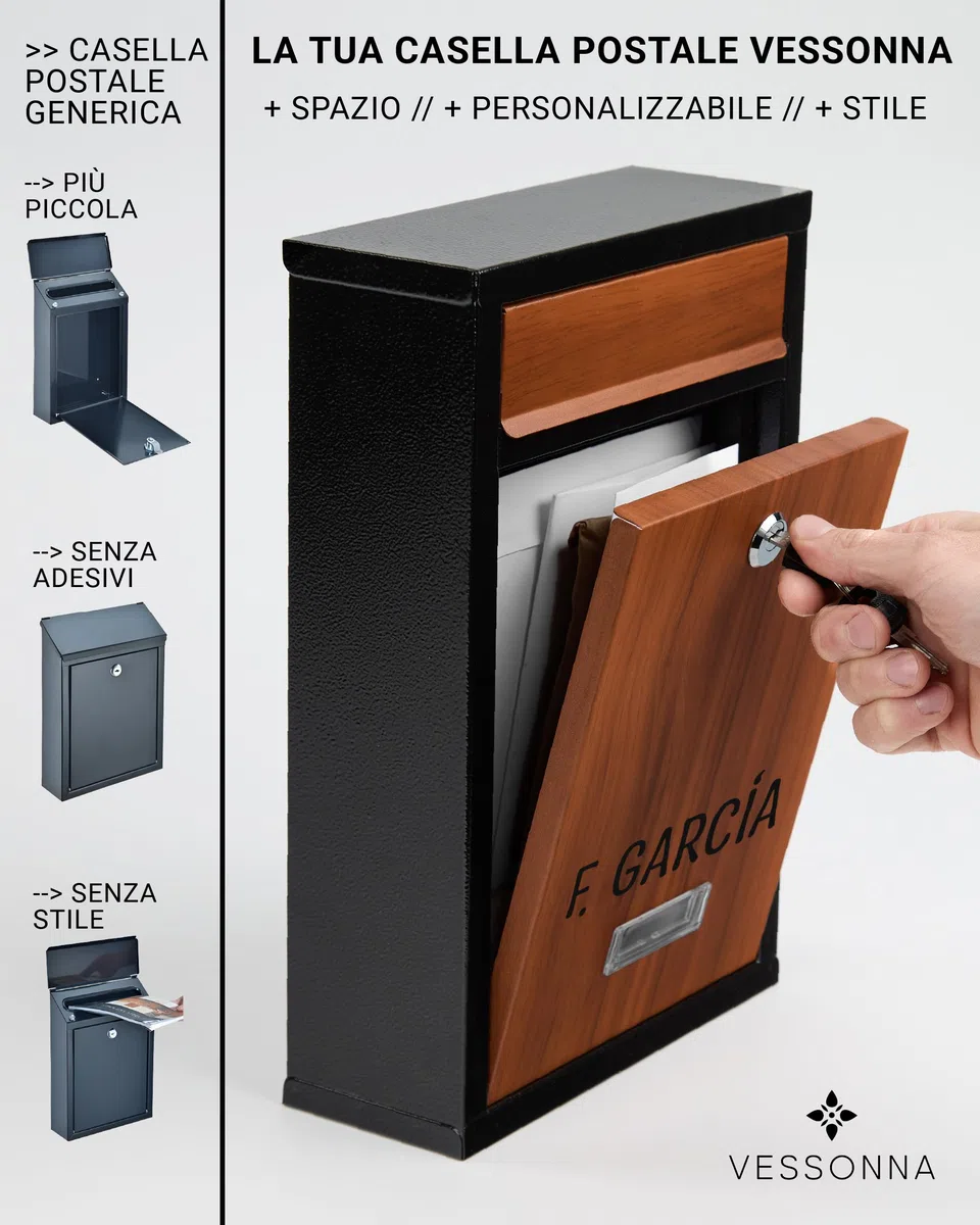 Cassetta delle lettere piccola personalizzata con numero civico | acciaio zincato effetto legno vintage, resistente alle intemperie e sicura