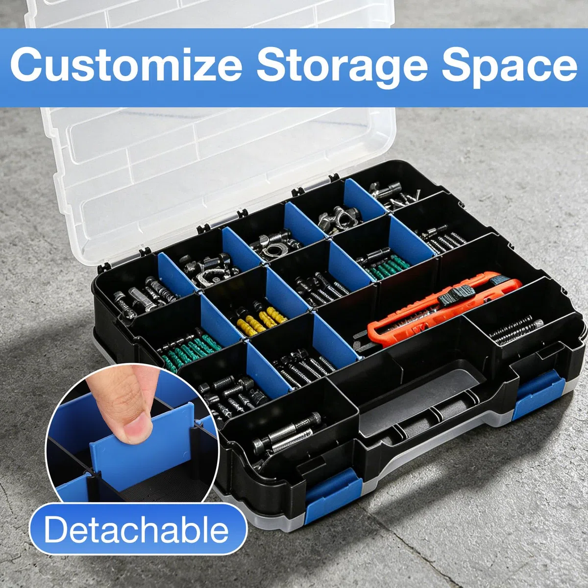 Romon Porta Minuteria Doppio Lato Con 24 Scompartimenti Regolabili, Chiusure Di Sicurezza, Materiale Pp Resistente, Colore Blu, 32x27x8cm Per Viti E Componenti