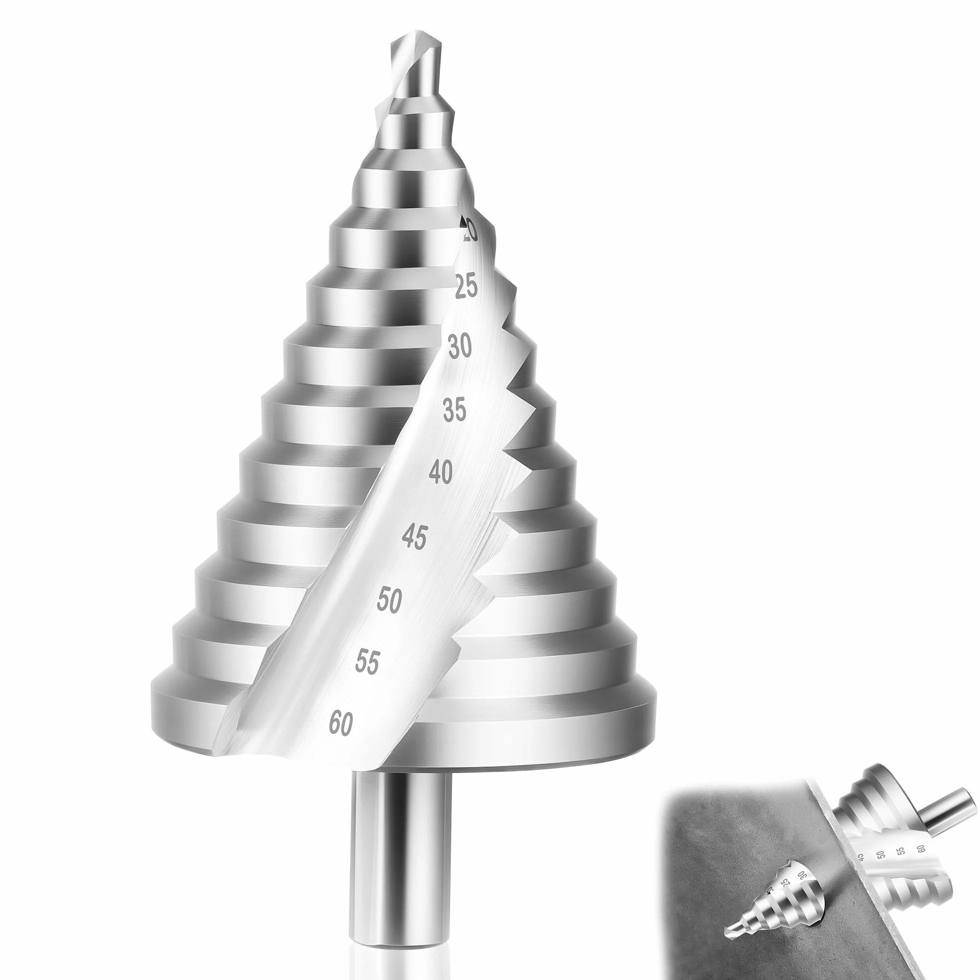 JIZZU Fresa Conica Ø 6-60mm, Acciaio Rapido (HSS), Punta a Gradini 60mm 12 Livelli, Rivestito in Titanio, Punta Conica Trapano, per Legno, Plastica, Lamiere Metalliche (3mm)
