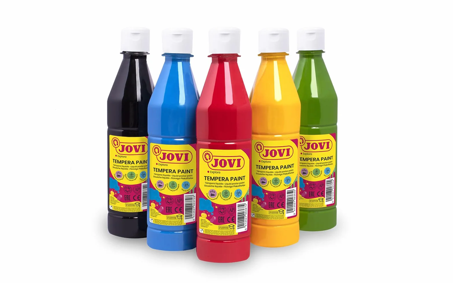 Jovi - Guazzo liquido, Astuccio 6 vasetti da 500 ml, Colori primari, Vernice a base di ingredienti naturali, Facile da lavare, Senza glutine, Ideale per la scuola
