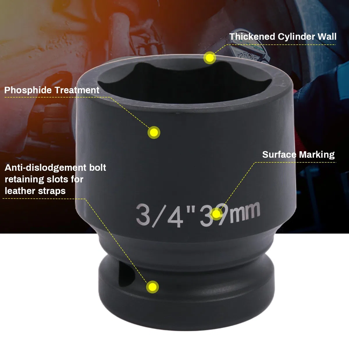 Chiave a bussola esagonale, 39 mm, avvitatore a percussione da 3/4", in acciaio al cromo molibdeno, per cambio ruota e officina