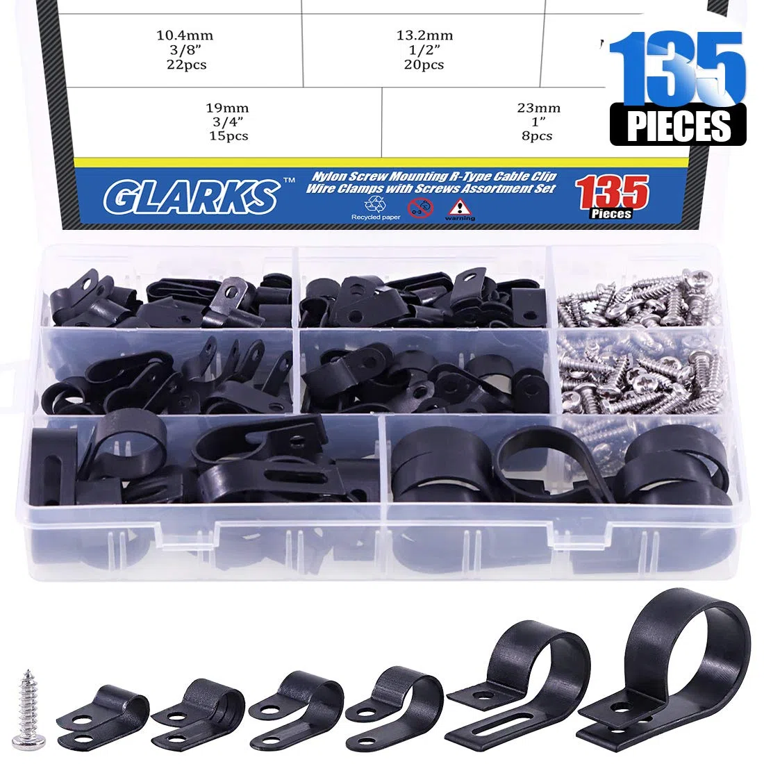 Glarks 135 pz 6 misure 1/4 ''-1'' nylon nero montaggio a vite clip cavo clip clip filo con 132 pezzi viti per filo, cavi, condotti e condotti cavo kit (nero)