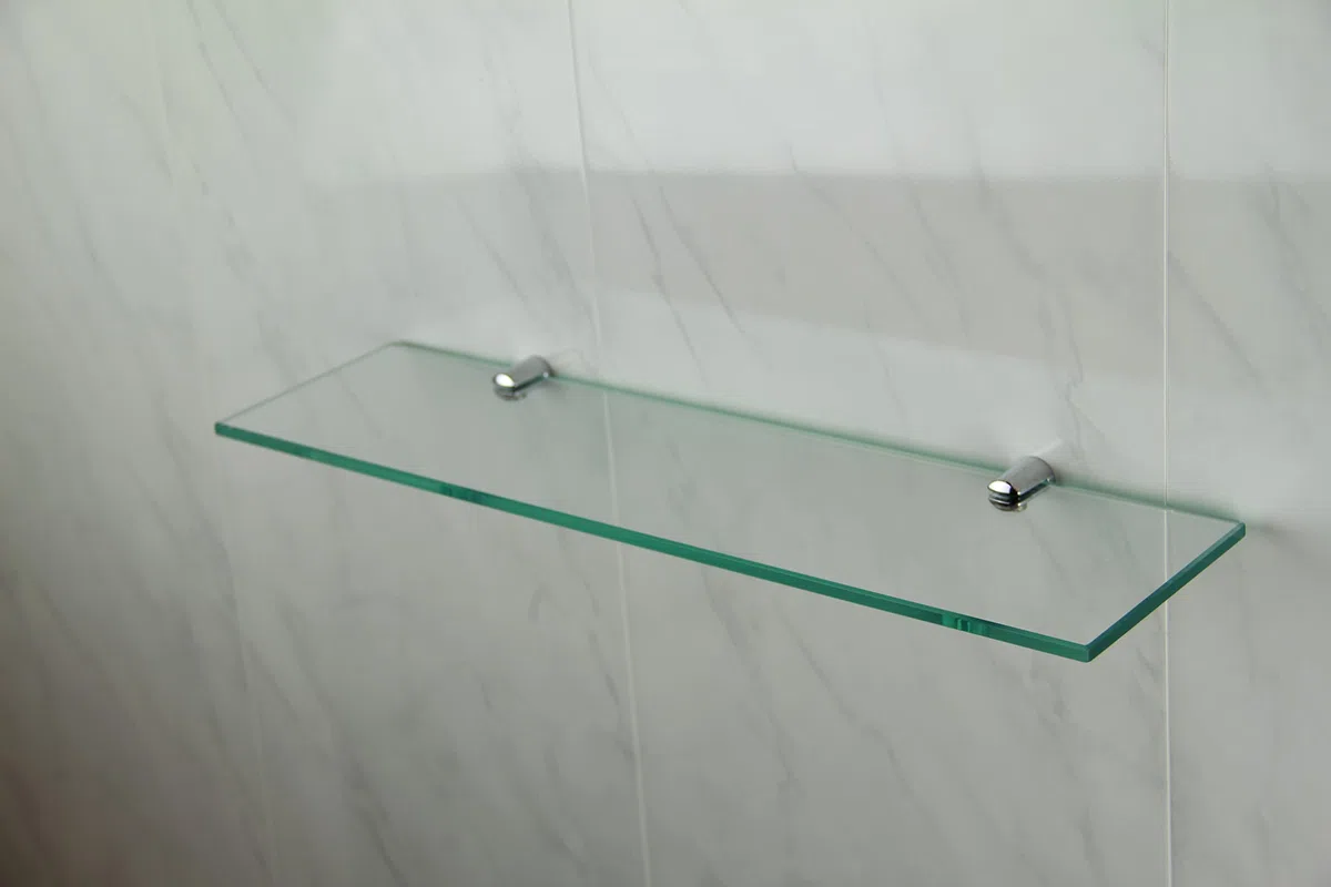 Mensola di vetro, spessa 6 mm, vetro temperato, supporto con finitura cromata, 400 x 100 mm.