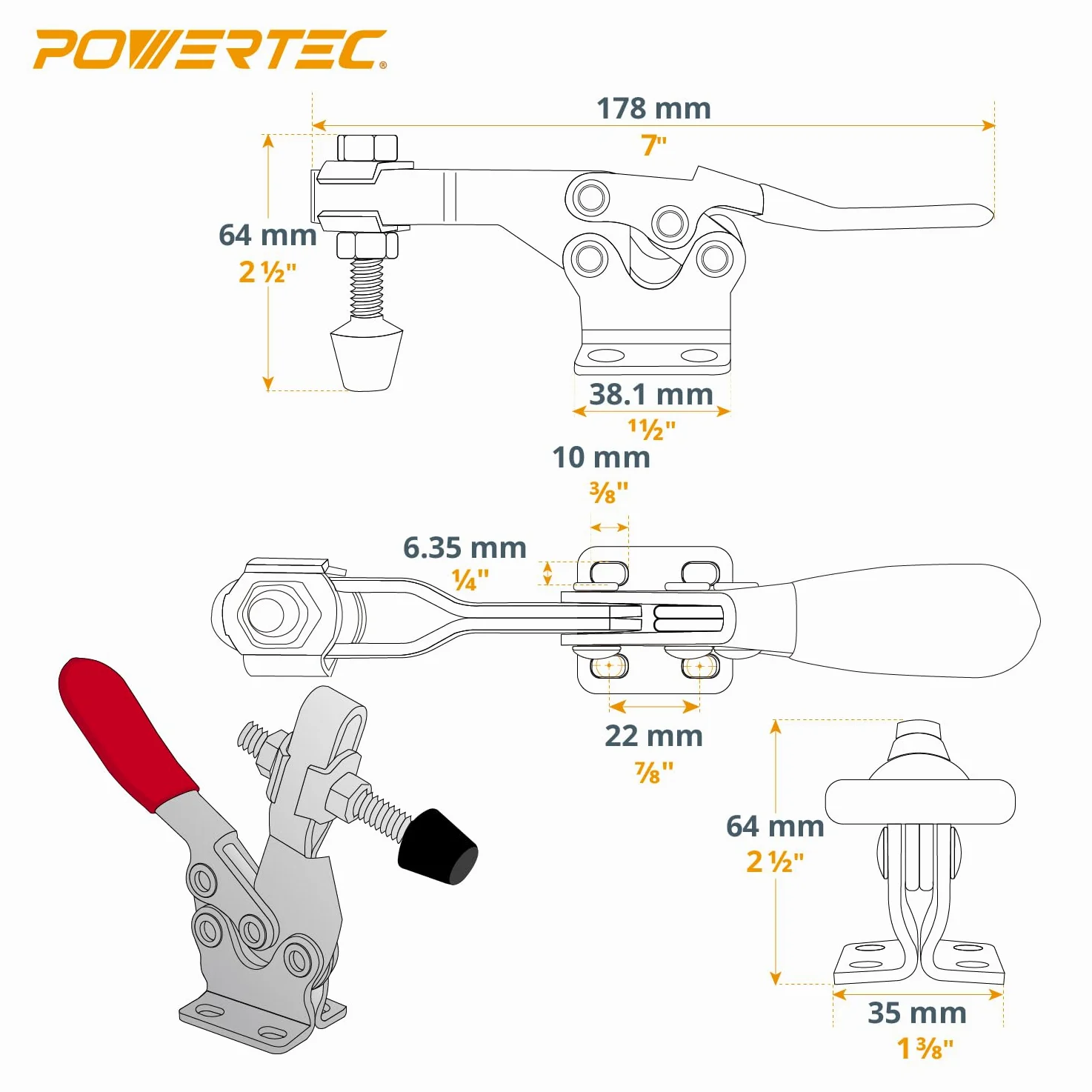 POWERTEC 4 morsetti a levetta, capacità di tenuta 226,8 kg, morsetti orizzontali a sgancio rapido 225D con punta di pressione in gomma antiscivolo per maschere e dispositivi per la lavorazione del