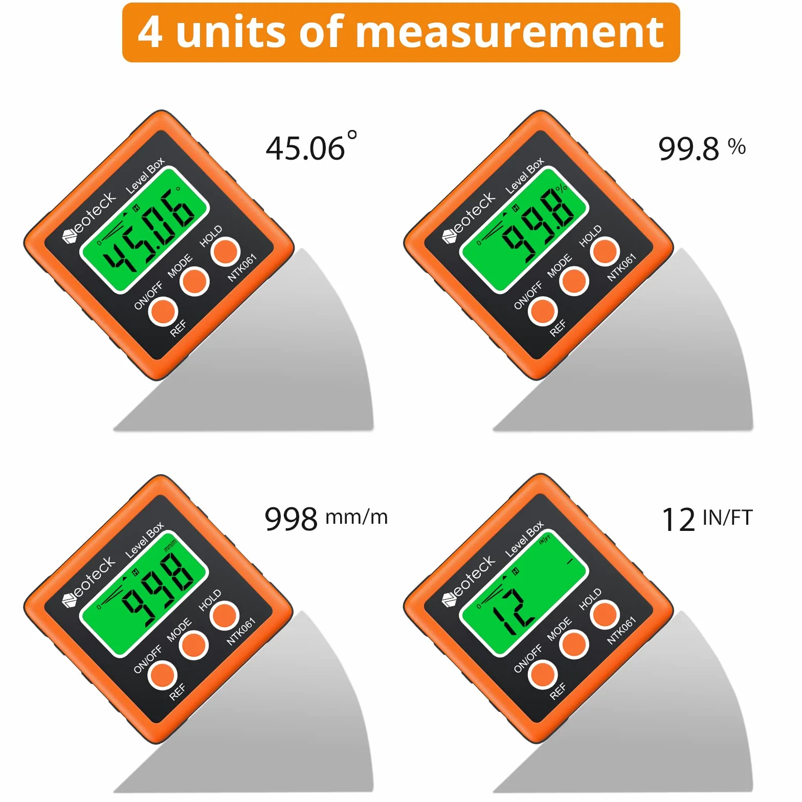 Neoteck Angle Finder Digitale/LCD Goniometro Inclinometro Impermeabile Digitale/Bevel Box Livello Misuratore Angolo Magnetico Auto Spegnimento - Colore Arancione