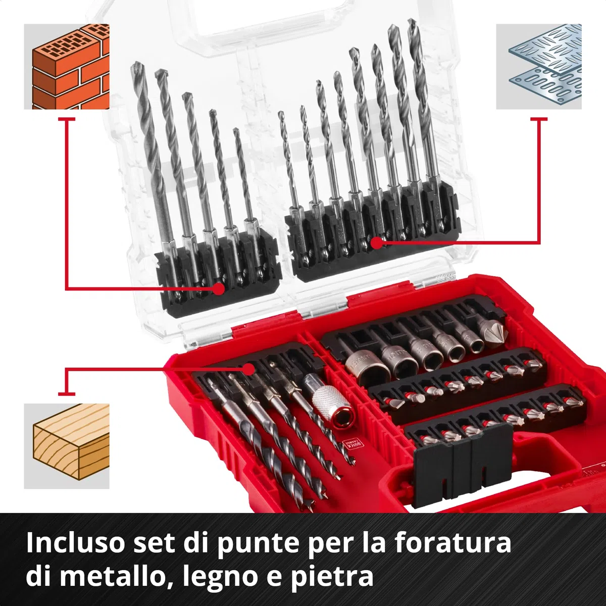 Set di punte e trapani originale Einhell L-CASE da 40 pezzi (punte da 25 mm, portapunte a cambio rapido, chiave a bussola, svasatore, punte per metallo, pietra e legno, inclusa scatola di custodia)
