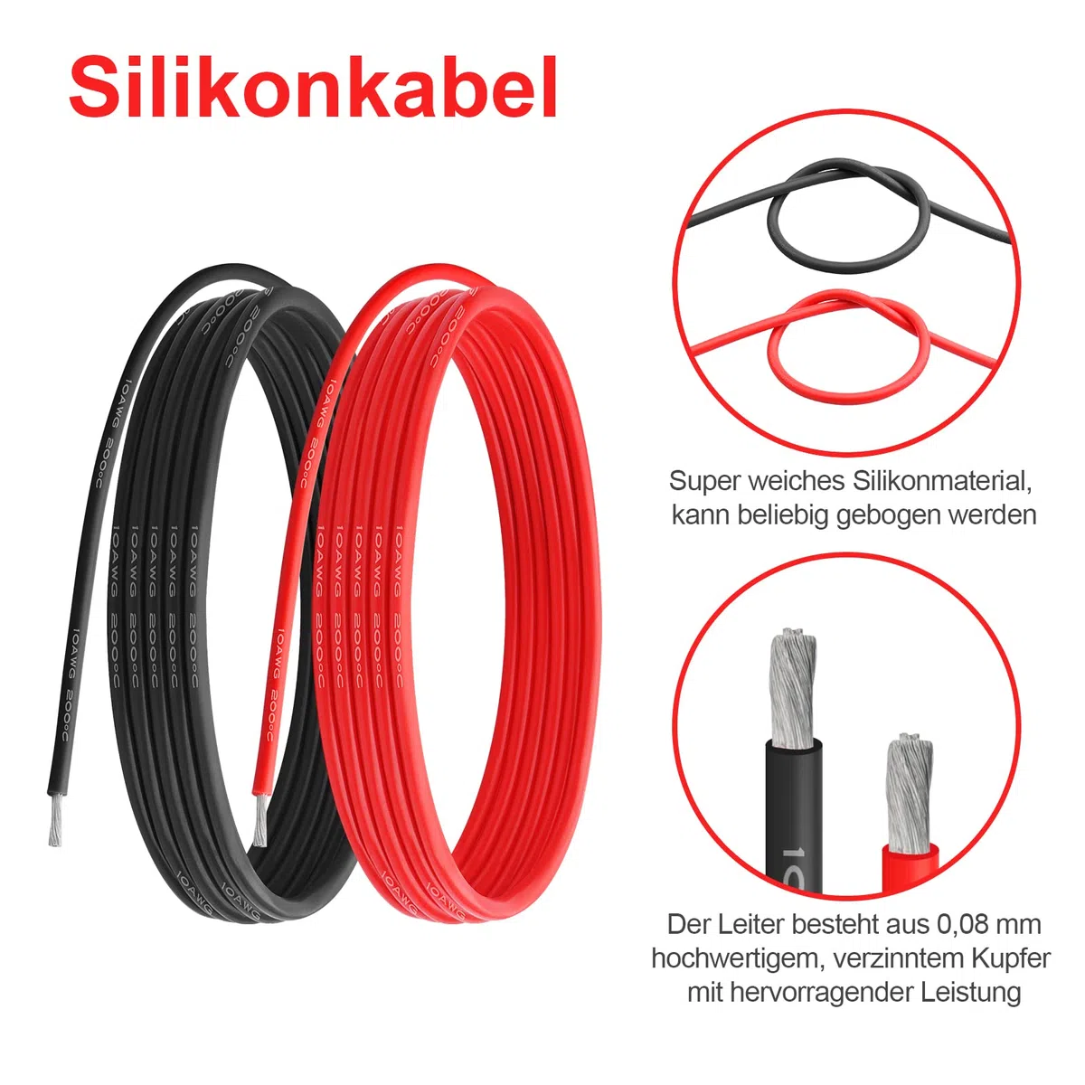 10AWG Cavo Elettrico Silicone, 10 Gauge 5.3 mm² 10m(5m Rosso + 5m Nero), Flessibile 1050 Fili 0,08 mm di Rame Stagnato Filo ad Alta Temperatura per Auto RC/Marine/Droni/Barche/Arduino