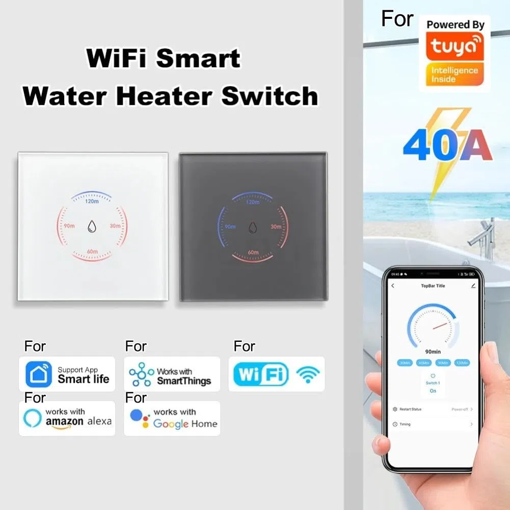 Smarts - Interruttore per riscaldatore a immersione, per Tuya WiFi Smart Wall Touch Boiler, interruttore timer per scaldabagno da 40 A, per Alexa, per app Smart Life (nero)