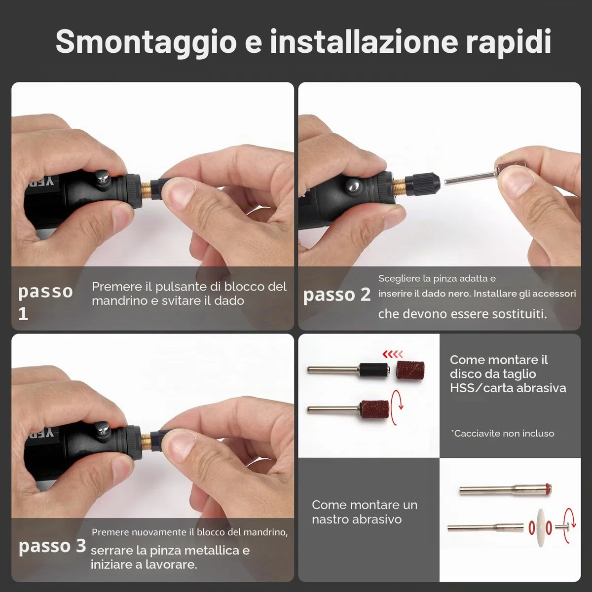 Strumento rotante Li-Ion 3 vel., mini kit lucidatrice fai-da-te LED, 72 pezzi USB, ideale piccoli lavori leggeri