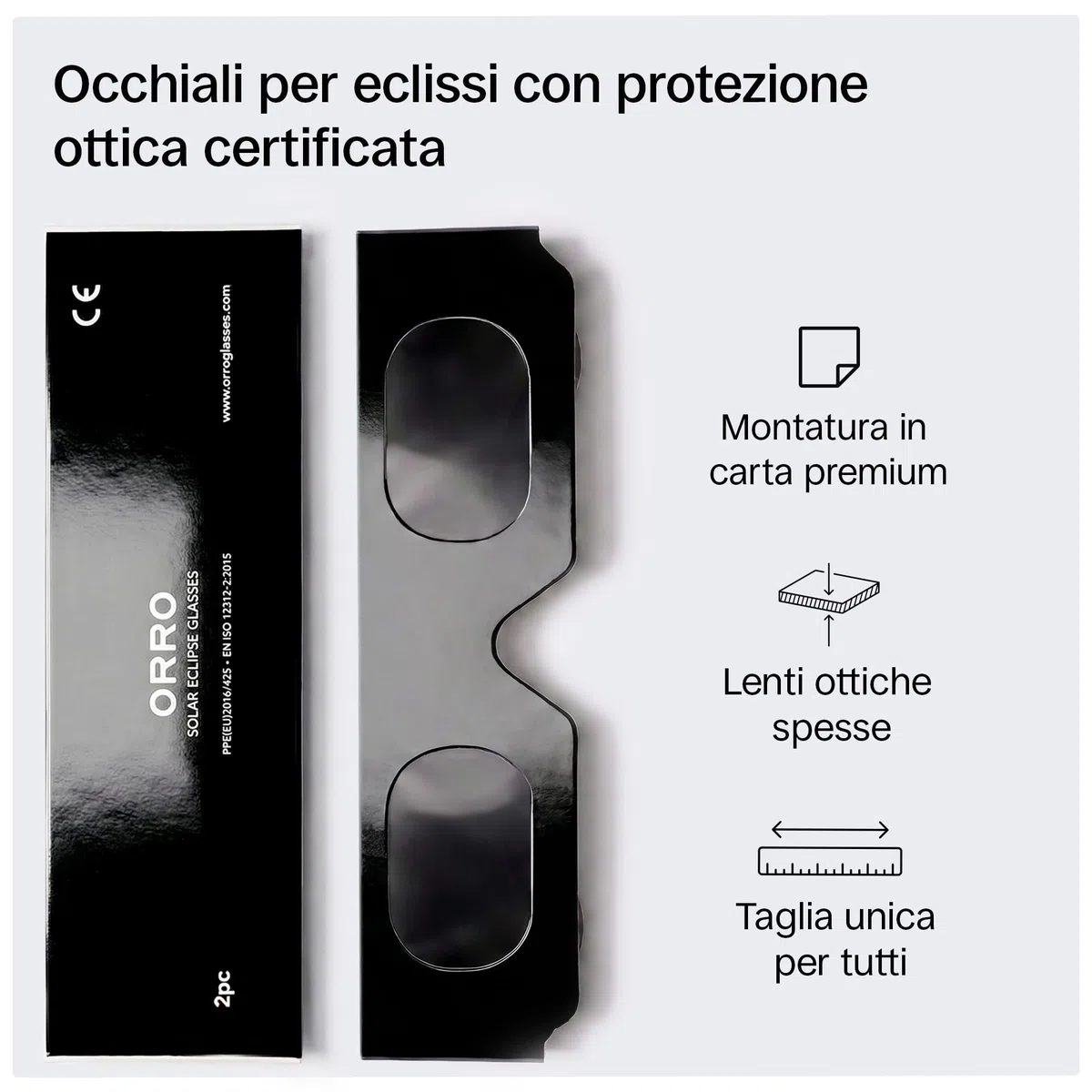 ORRO Occhiali per eclissi solare Modern 40 mm Confezione da 12, Nero, Protezione occhi certificata, Testati EN ISO 12312-2:2015, Marcatura CE per osservare direttamente il sole in sicurezza