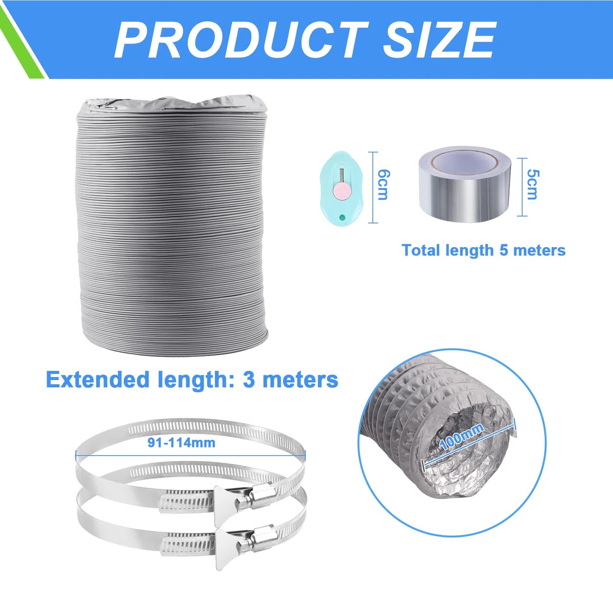 100mm Grigio Tubo di Scarico 3 m Condotti Tubo di Ventilazione Flessibile in Alluminio PVC con 2 Fascette Stringitubo in Acciaio per Aria Condizionata, Asciugatrice, Cappa Aspirante
