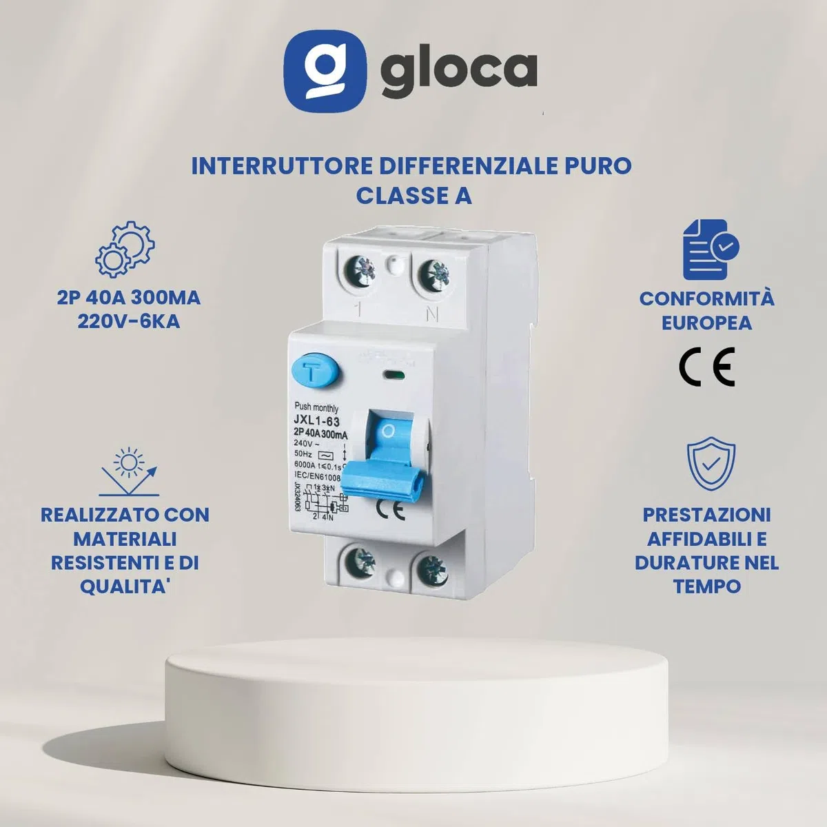 gloca Interruttore Differenziale Puro Salvavita 2P 300mA 220V-6KA CLASSE A 2 Moduli DIN (40 Ampere)
