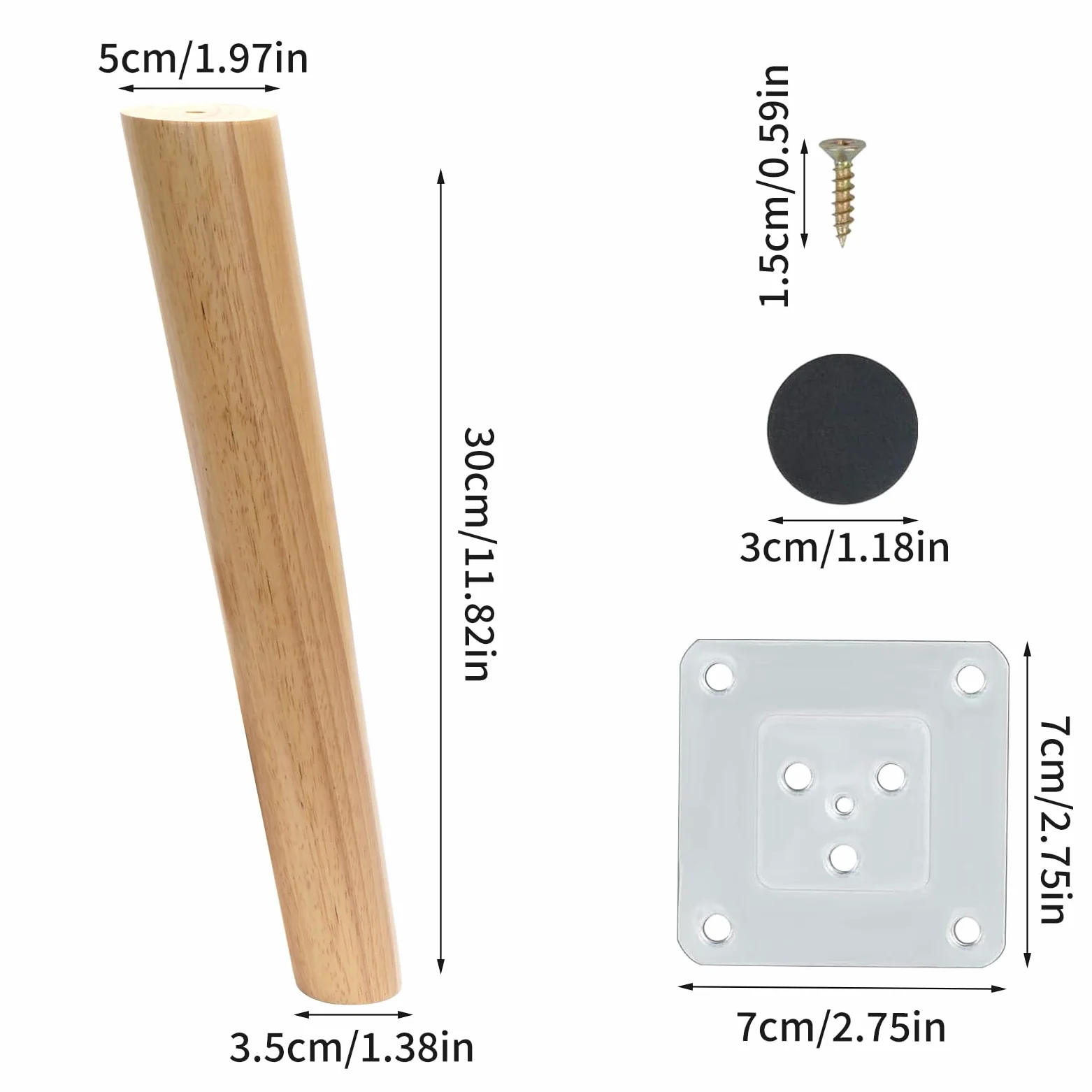 4 Pezzi Piedini Mobili Gambe di Ricambio 30cm Piedini per Mobili in legno massello Gambe Oblique Legno per Mobili con Piastra di Montaggio, Viti e Pad Antiscivolo per Divano Letto Tavolo Sedie