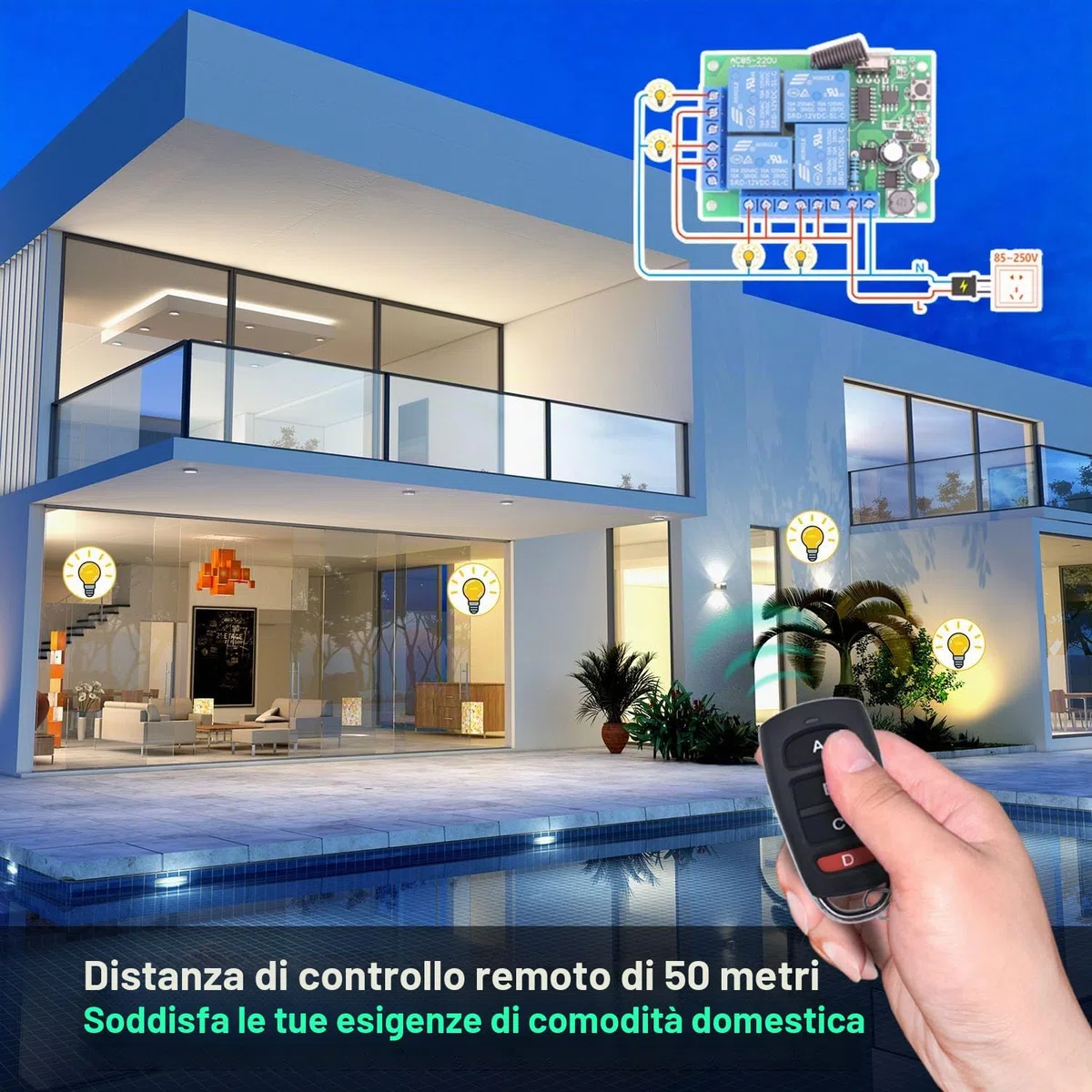 DieseRC Telecomando universale senza fili AC 220V 10A Scheda ricevitore relè RF a 4 canali con 2 trasmettitori per motore porta del garage luce tenda elettrica