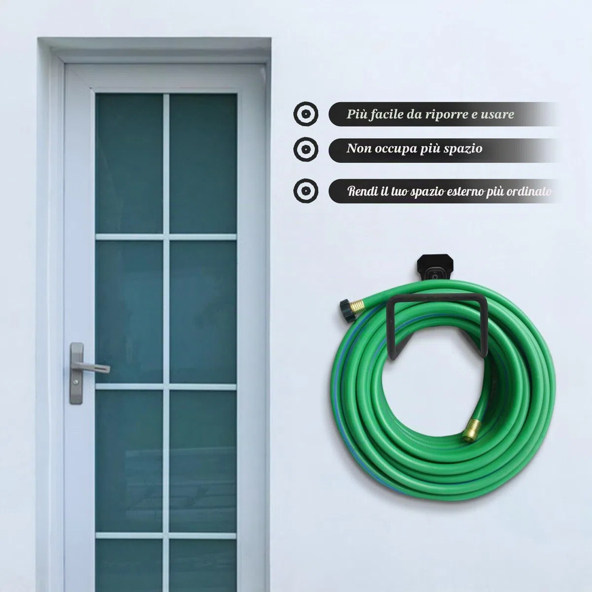 2 Pezzi Porta tubo da Giardino, Supporto a Parete in Metallo Robusto, Gancio per Tubo dell’Acqua e Cavo di Prolunga per Giardino e Esterno