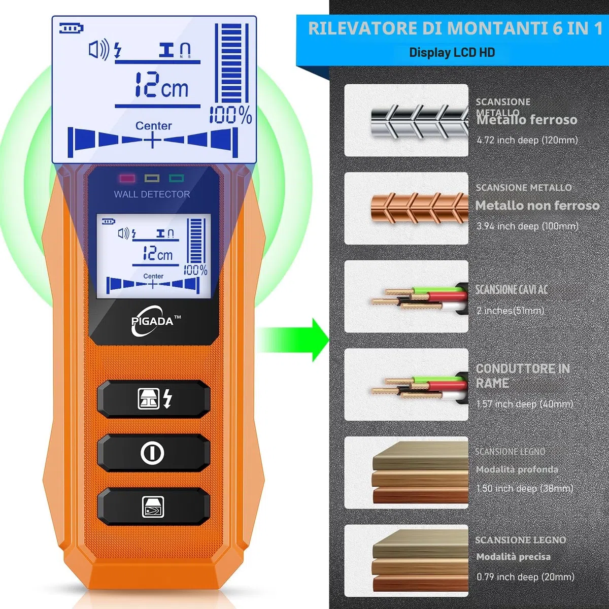 Rilevatore da Parete fino a 12 cm contiene custodia protettiva, Rilevatore di Metallo 6 In 1 con chip microprocessore intelligente Display HD LCD,Avviso Sonoro,Legna/Metallo/Magnetico/Cavi Elettrici