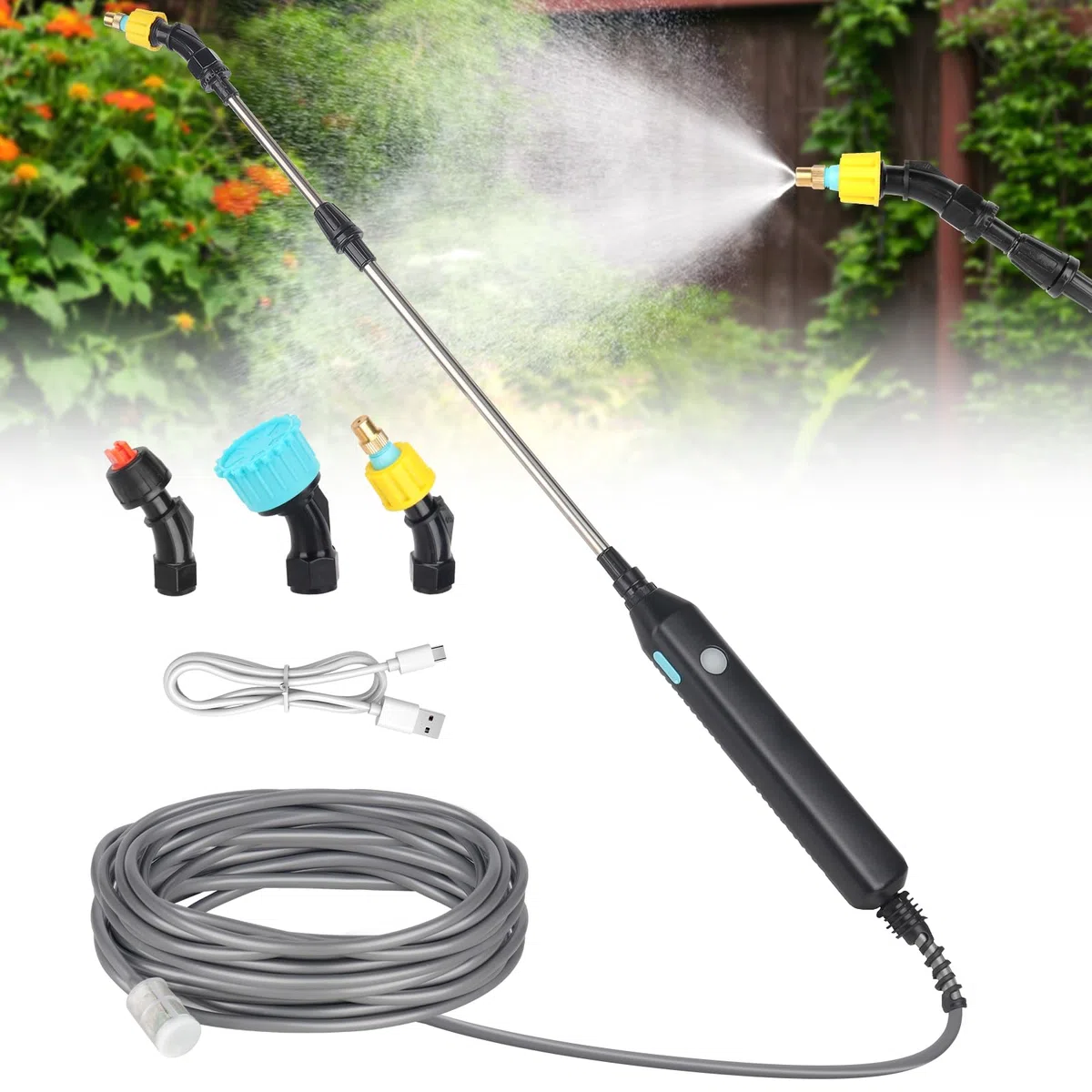 Mineup Spruzzatore Elettrico, 3.7 V Spruzzatore elettrico per piante da giardino, Nebulizzatore A Batteria USB per Casa, Spruzzatore a Pressione Elettrico con 3 Beccuccio Regolabile e 3M Tubo