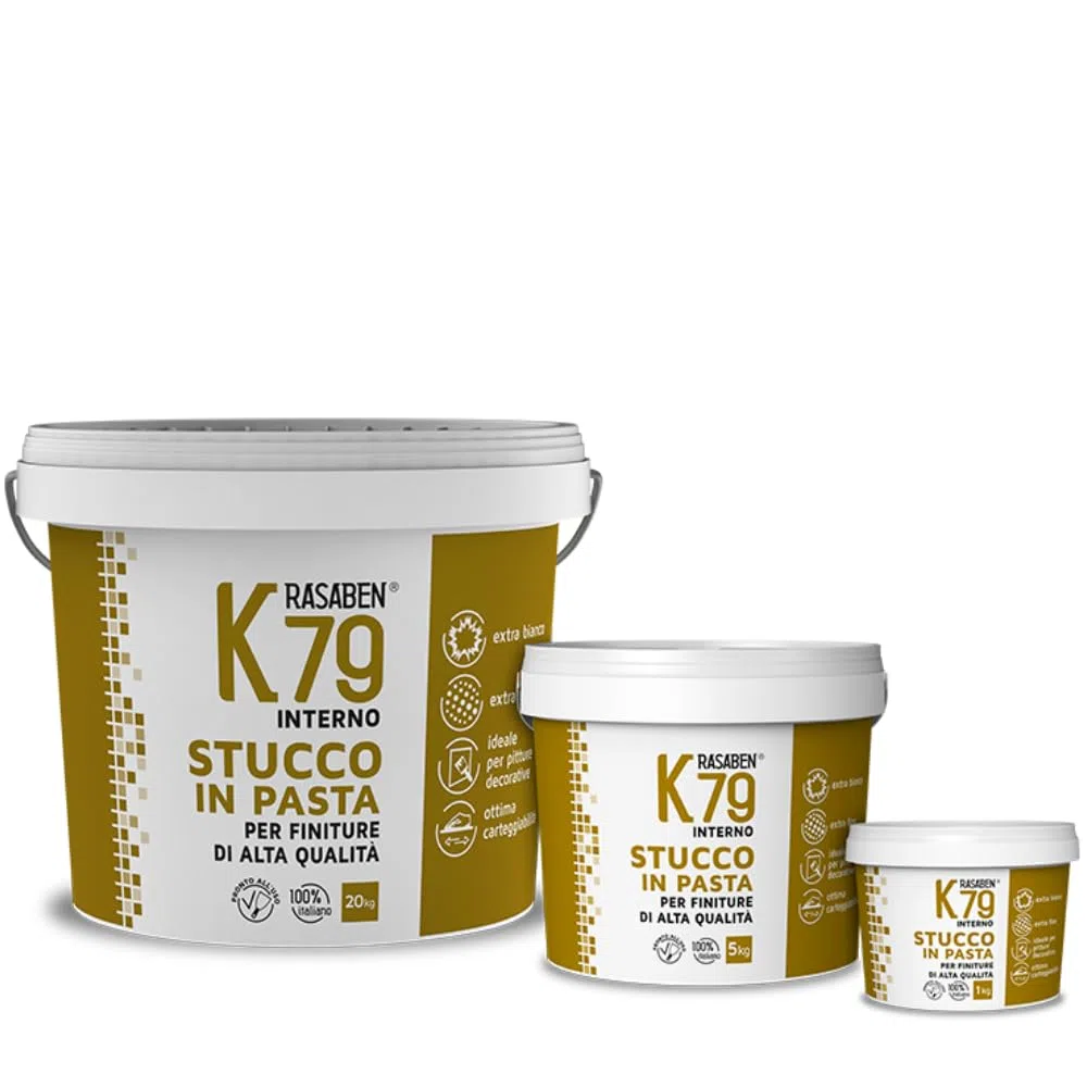 RASABEN - Stucco Bianco in Pasta K79 Pronto all'Uso, Extra Fine per Finiture di Qualità, Ottima Carteggiabilità, Ideale per Pitture Decorative, Uso Interno, Made in Italy, Barattolo da 5kg