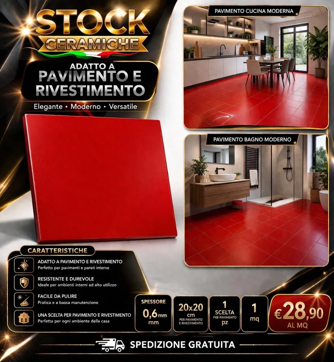 piastrella rosso 20 x 20 cm da rivestimento bagno, cucina, doccia, e molto altro, PREZZO RIFERITO A 1 SCATOLA 1 mq (25 pz)