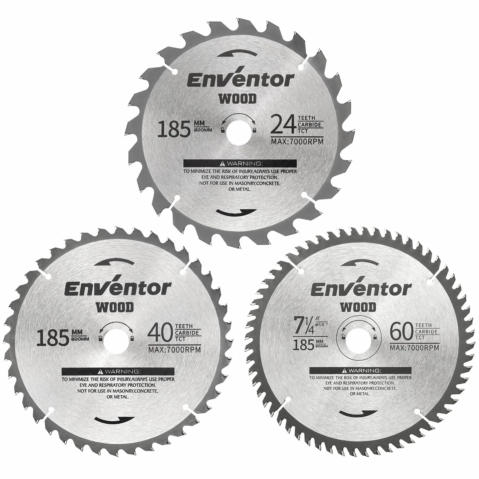 Enventor 3PCS Lama Sega Circolare per Legno 24T/40T/60T, 185mm x 20mm, Punta in Carburo di Tungsteno, Lama Sega Circolare per il Taglio del Legno, Compatibile con Enventor Seghe Circolari
