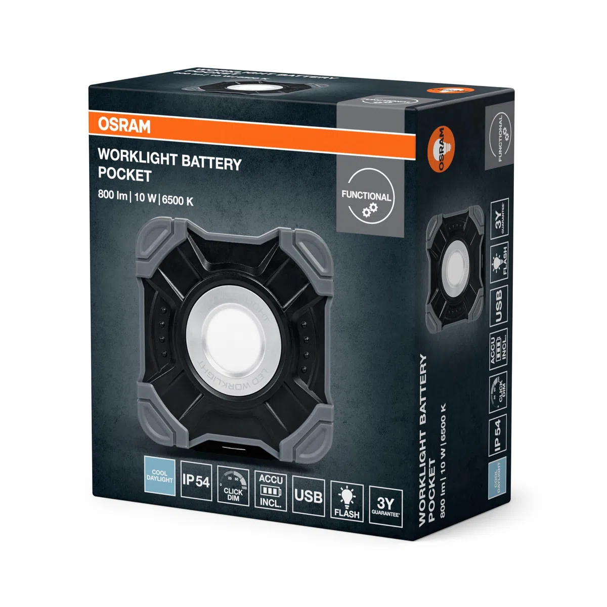 OSRAM Lampada da lavoro a LED Value Battery Pocket, 10W, bianco freddo 6500K, 800 lm, ricaricabile tramite USB, IP54, mobile