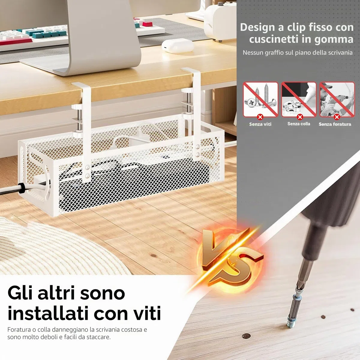 porta cavi scrivania,wire organizer for desk,Vassoio Per La Gestione Dei Cavi Sotto La Scrivania, Organizer Per Cavi Senza Trapano, Scatola di Gestione dei Cavi da Scrivania BIANCO 1 PACK