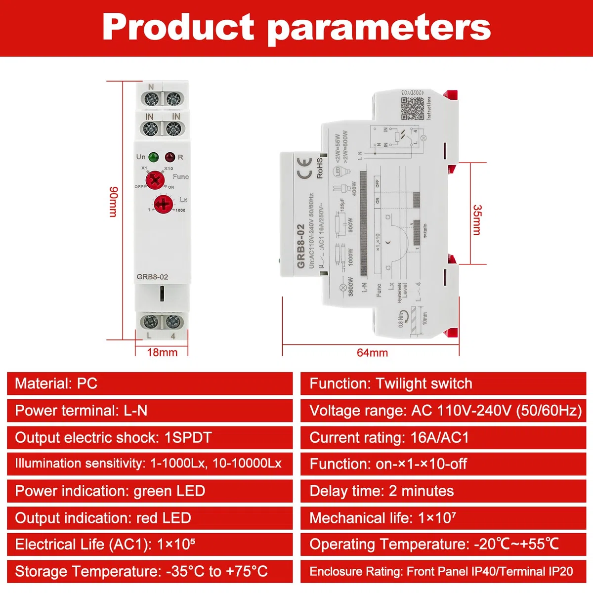BuyWeek GRB8-02 Relè di Controllo Luce Relè Sensore Luce Montato Su Guida Timer Interruttore Luce Scala Ac 110 V-240 V, Interruttore Automatico, Sensibilità Alla Luce 1-1000 Lx/10-10000 Lx