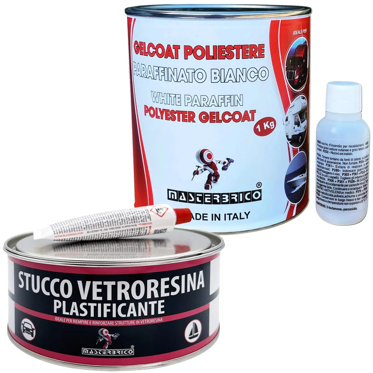 MASTERBRICO Kit Stucco Vetroresina Bicomponente 750 ml + Gelcoat Paraffinato 1 kg – Finitura e Riparazione Professionale per Nautica, Vetro Moto, Laminati e Carrozzeria